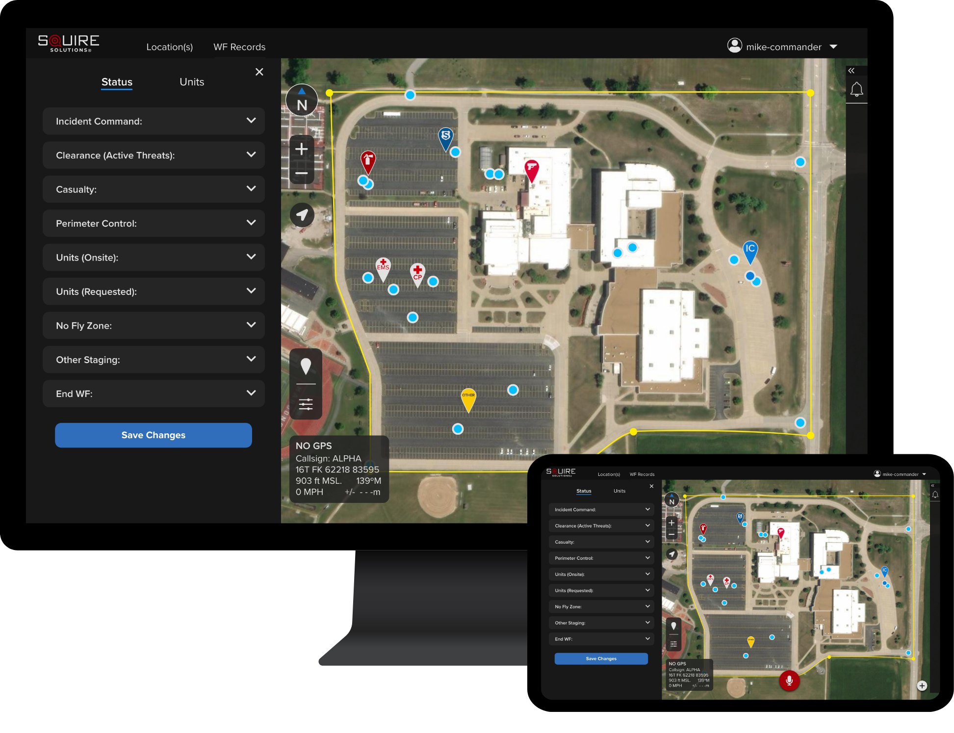 Squire Solutions software user interface shown on desktop and mobile devices