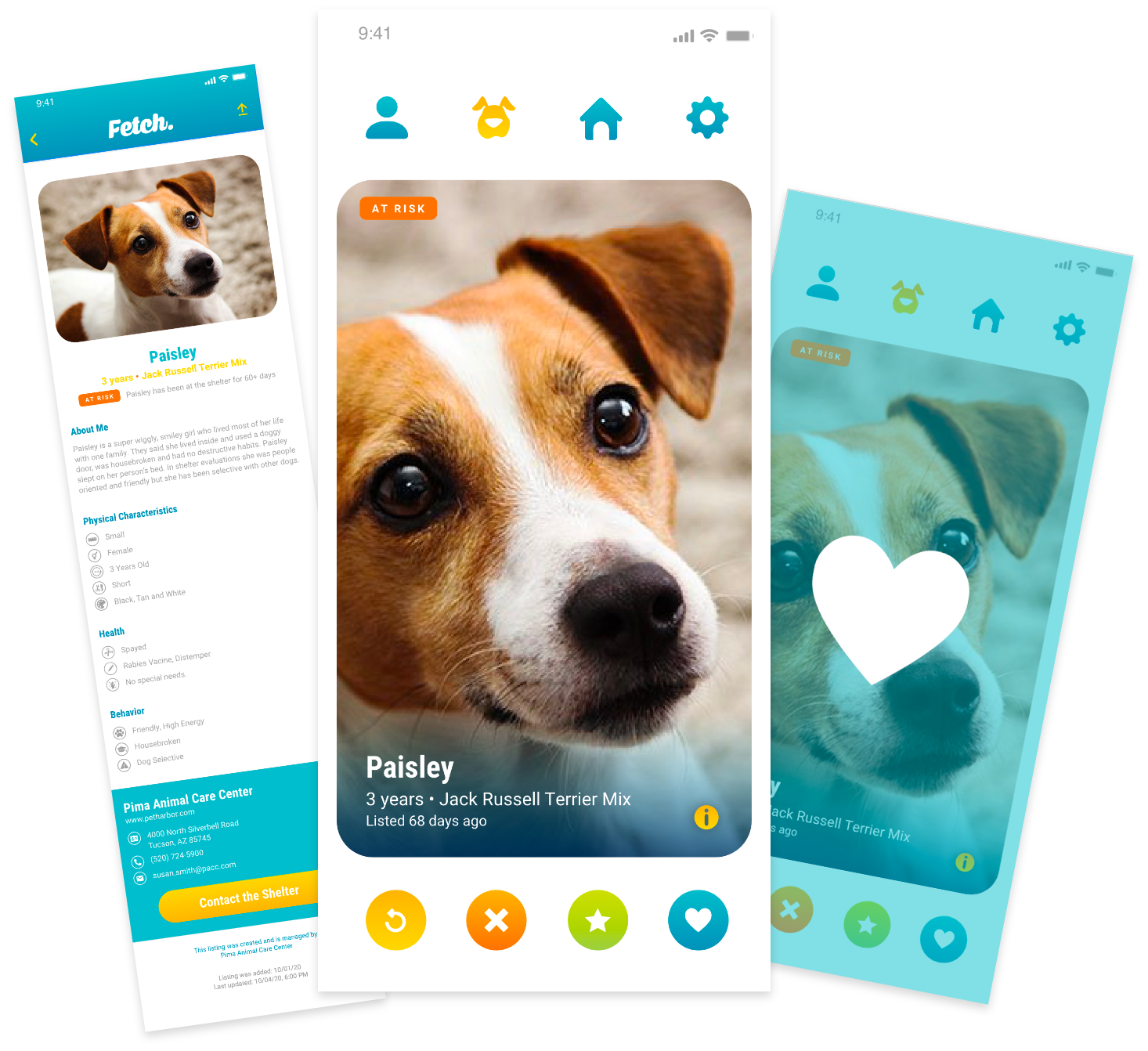 Fetch app screenshots showing a pet profile for Paisley, a Jack Russell Terrier mix