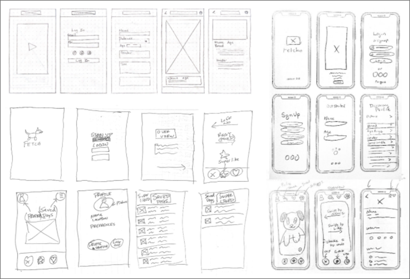 Hand-drawn paper wireframes of the Fetch app screens.