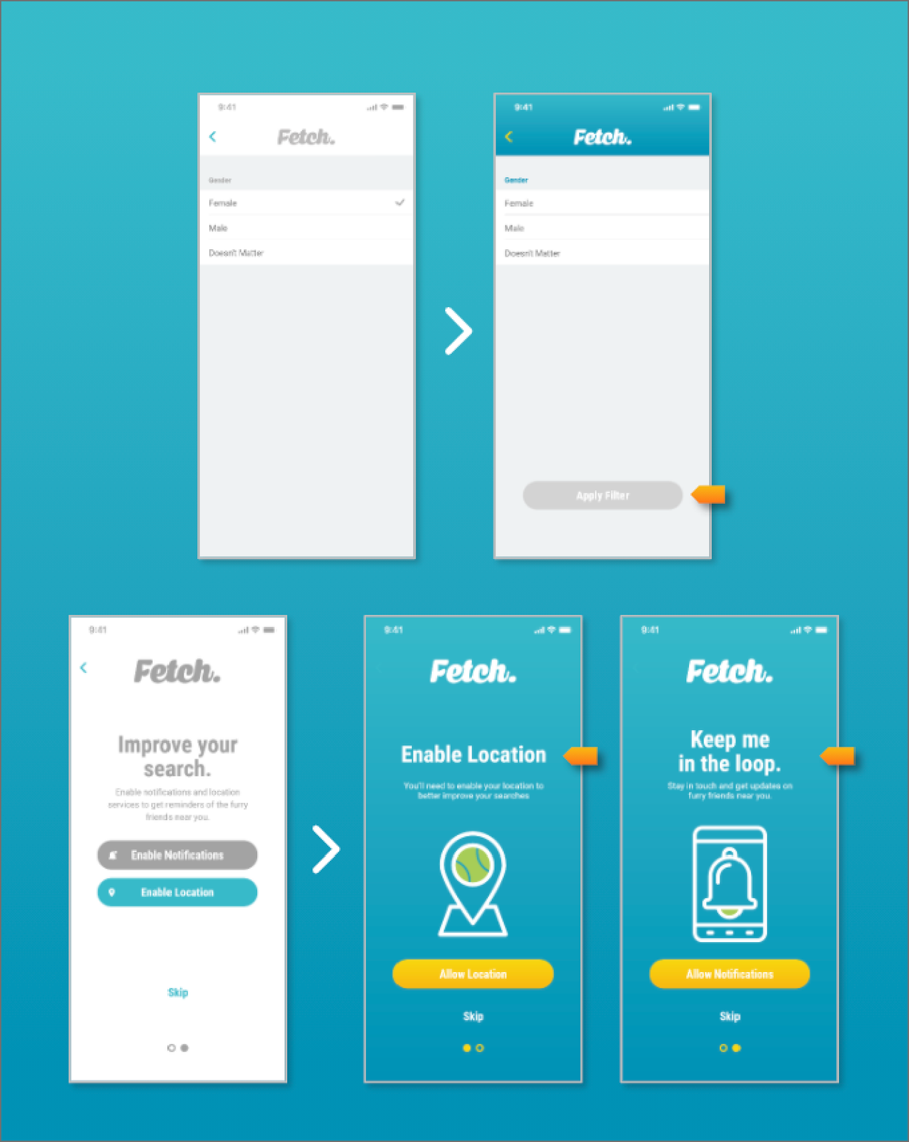 Prototype screens before and after user testing, showing the added Apply Filter button and the location and notification screens split in two.