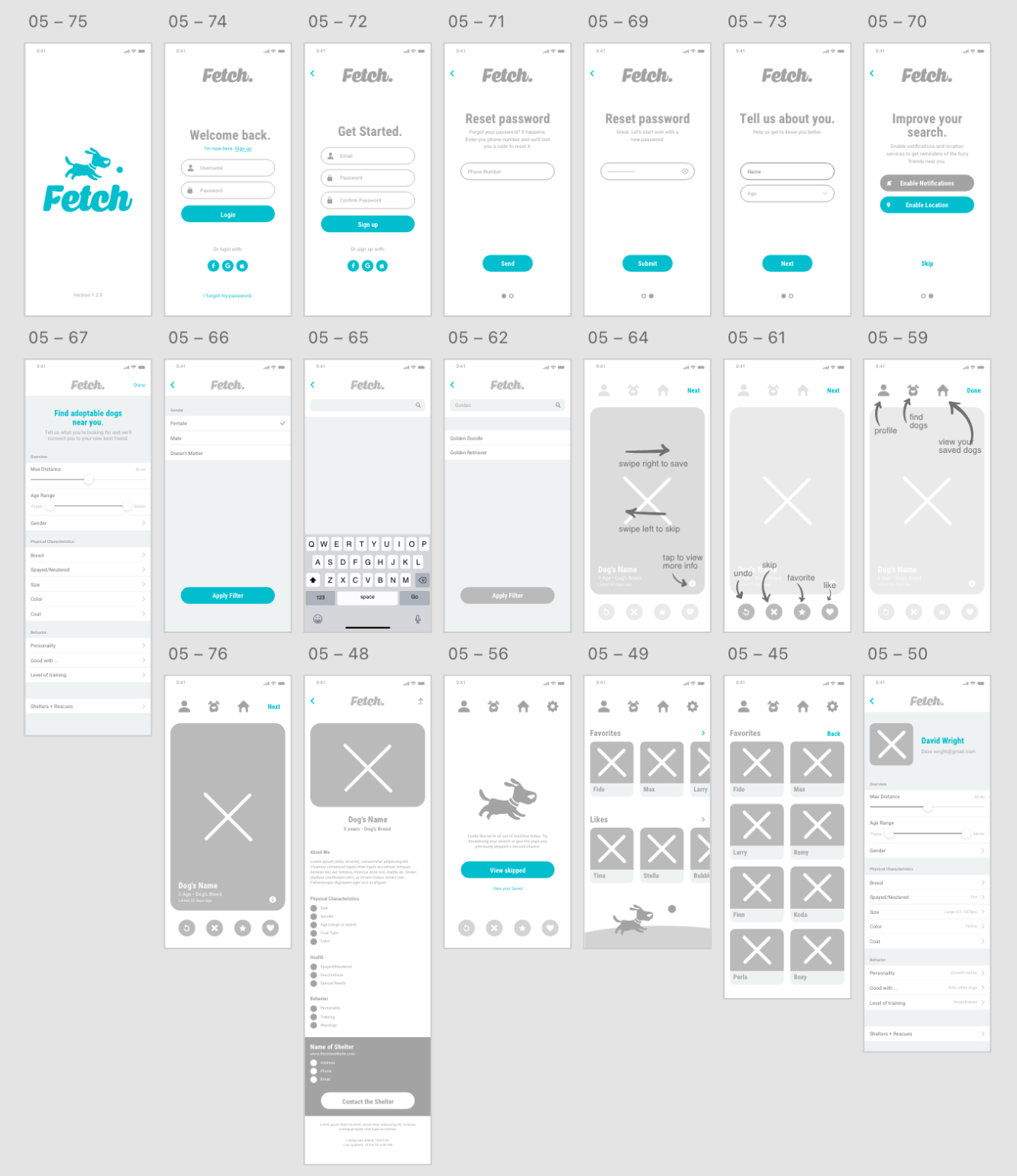 Lo-fi grayscale wireframes covering sign-up, search, pet profile and settings screens.