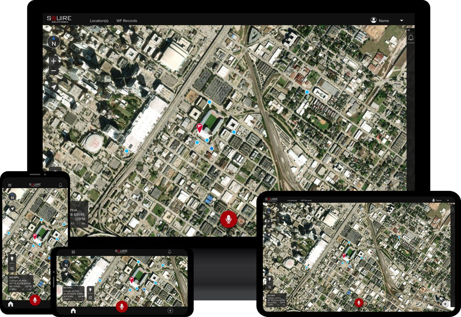 Squire software showing a live aerial map with unit markers on a desktop monitor, a tablet and two phones.