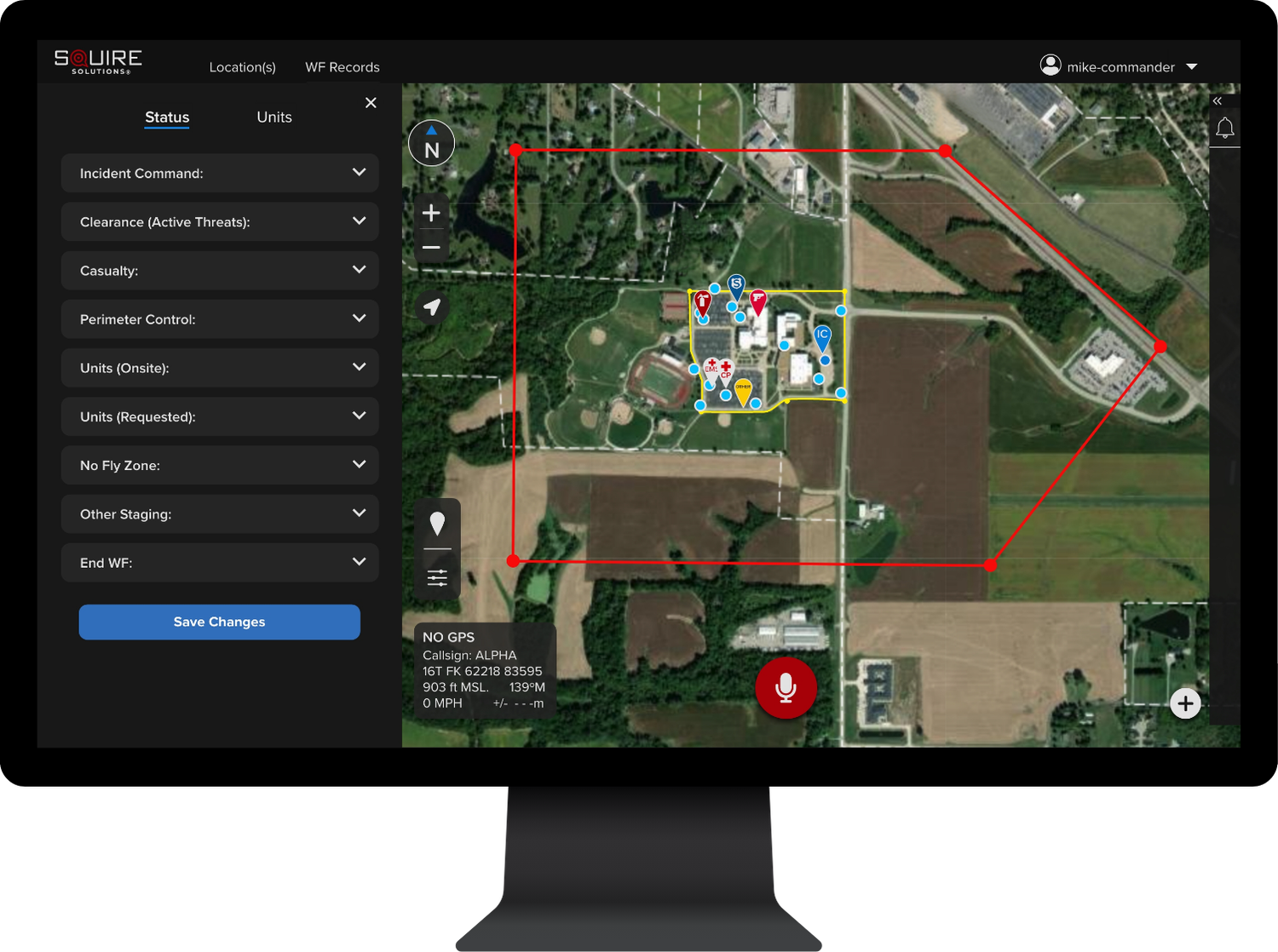 Squire Active Shooter module on a desktop monitor, showing an aerial map with a red no-fly perimeter drawn around an incident.
