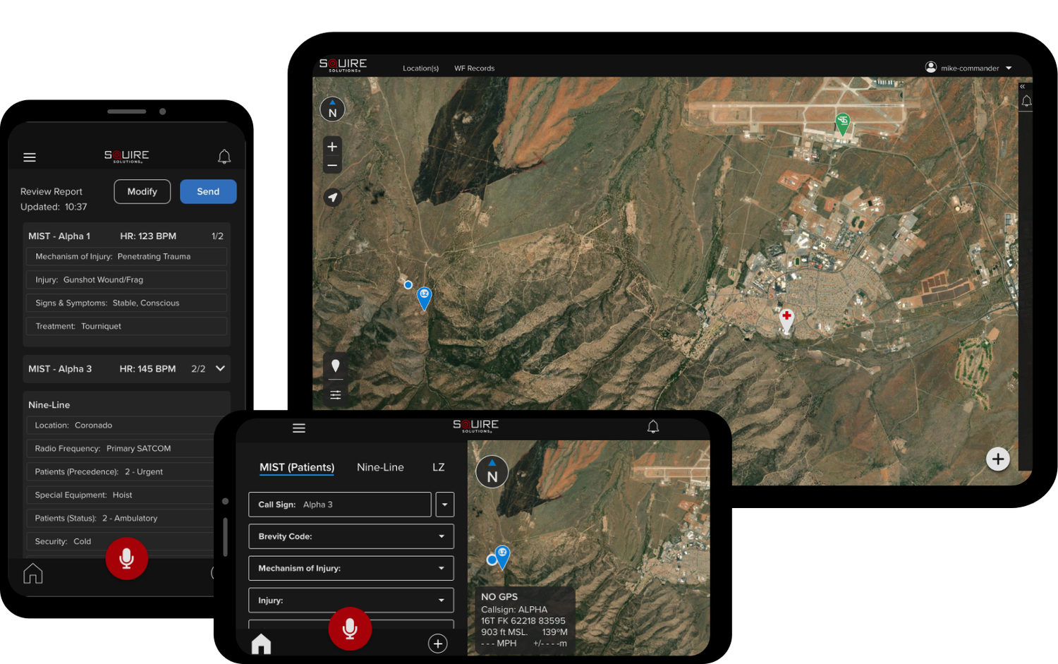 Squire MEDEVAC module on a phone, a tablet and a second phone, showing a patient report, an aerial map and a nine-line request form.