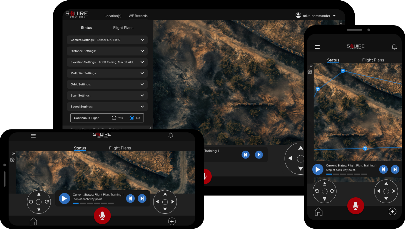 Squire UAS module on a tablet and two phones, showing drone flight controls over an aerial map.